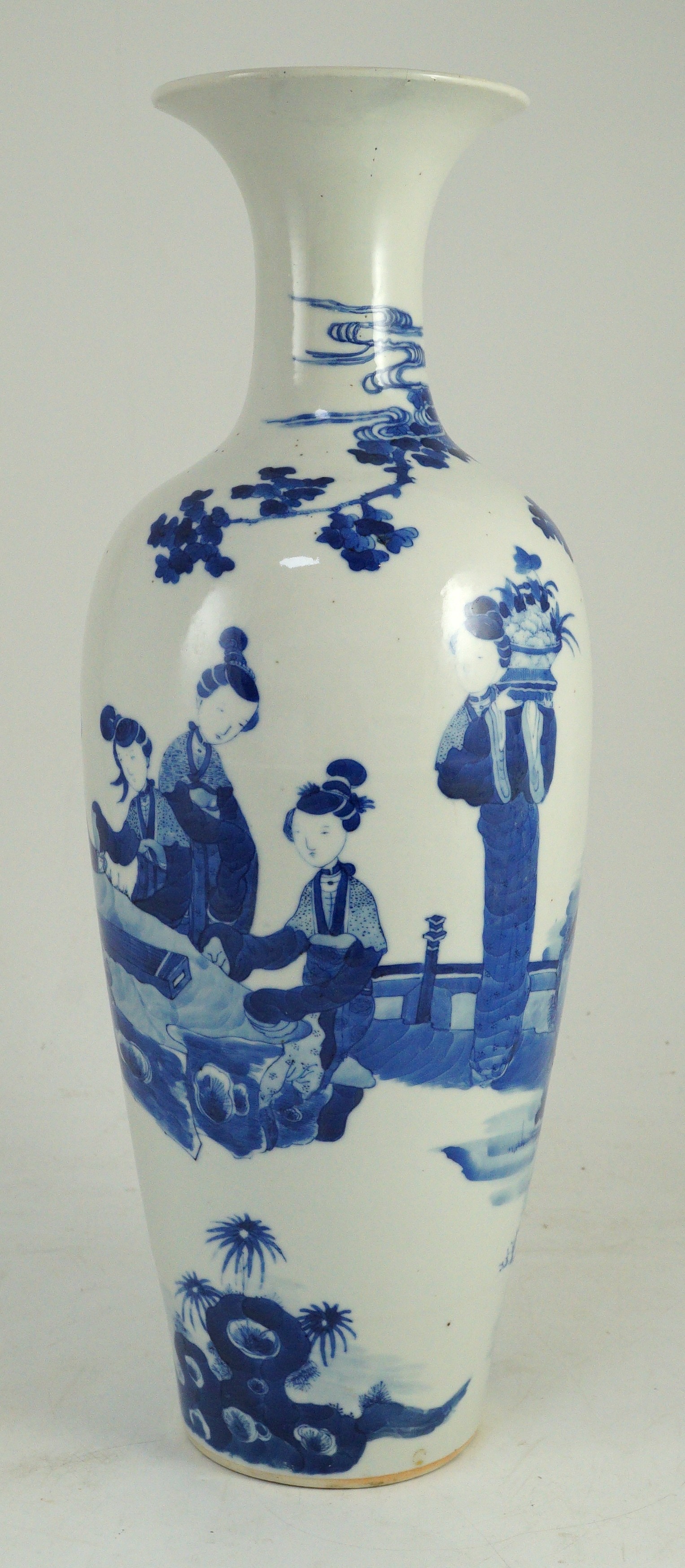 A tall Chinese blue and white ladies vase, laifu zun, 19th century, 44.5cm high, neck restored